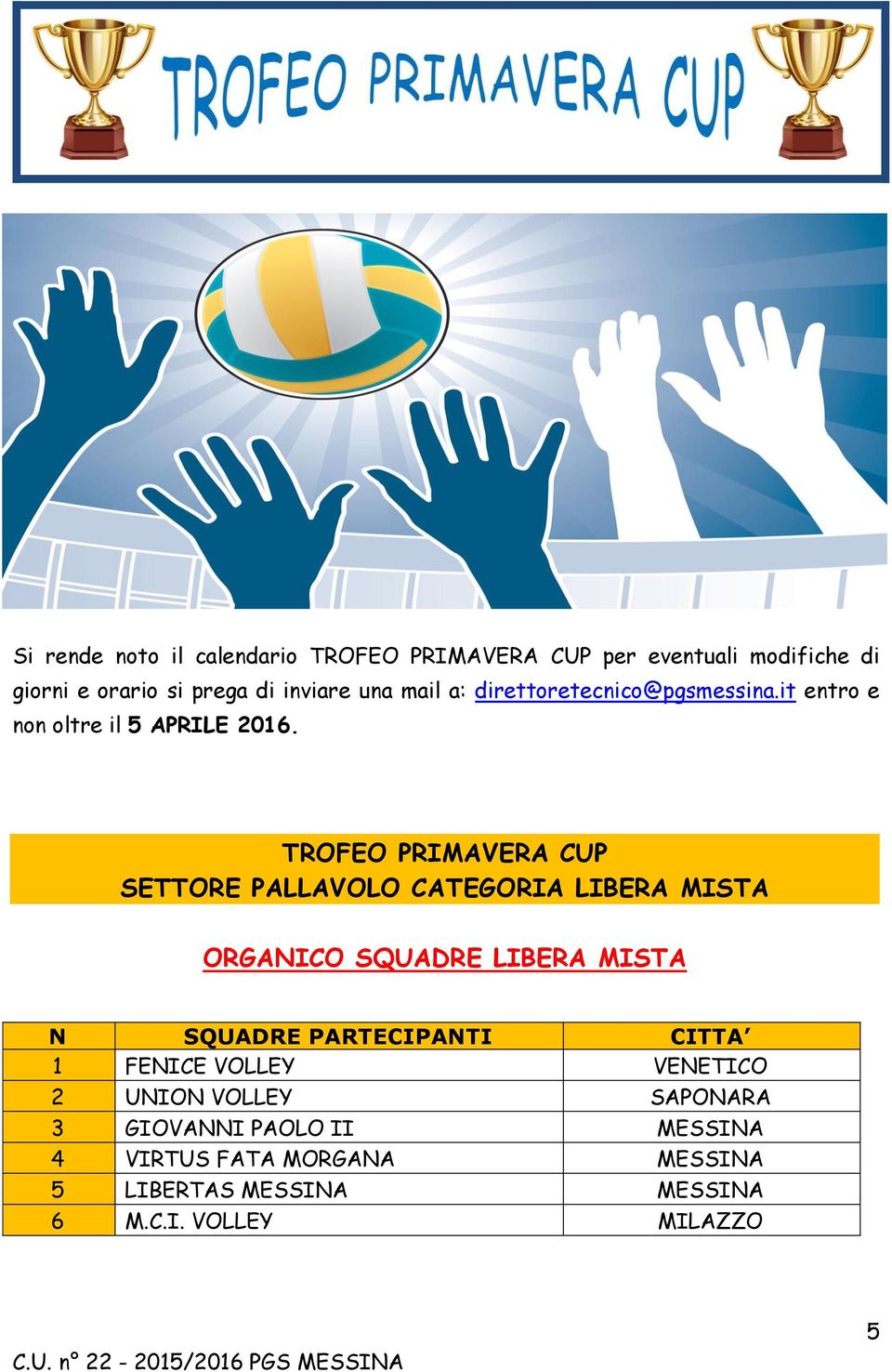 TROFEO PRIMAVERA CUP SETTORE PALLAVOLO CATEGORIA LIBERA MISTA ORGANICO SQUADRE LIBERA MISTA N SQUADRE PARTECIPANTI