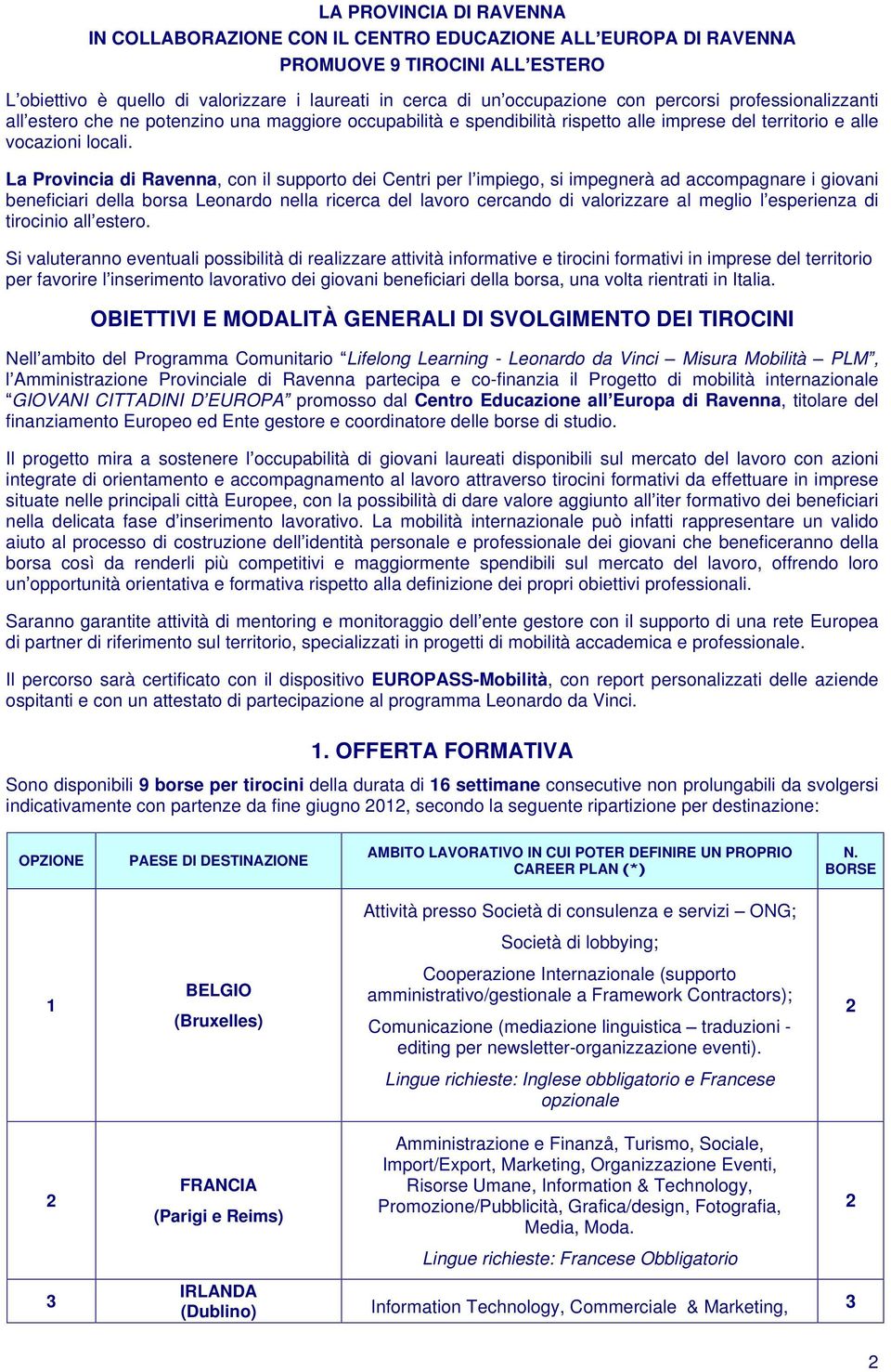 La Provincia di Ravenna, con il supporto dei Centri per l impiego, si impegnerà ad accompagnare i giovani beneficiari della borsa Leonardo nella ricerca del lavoro cercando di valorizzare al meglio l