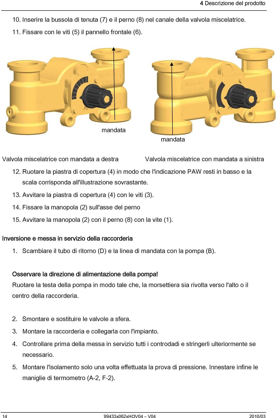 Ruotare la piastra di copertura (4) in modo che l'indicazione PAW resti in basso e la scala corrisponda all'illustrazione sovrastante. 13. Avvitare la piastra di copertura (4) con le viti (3). 14.