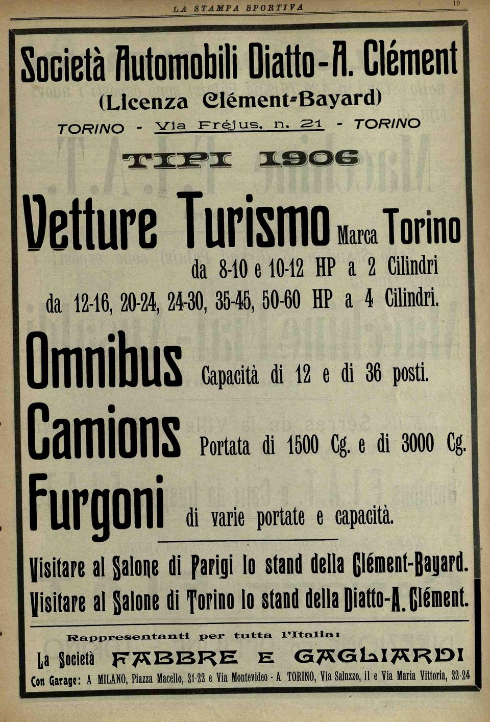 Omnibus Camions furgoni Capacità di 12 e di 36 posti. Portata di 1500 Cg. e di 3000 Cg. di varie portate e capacità.