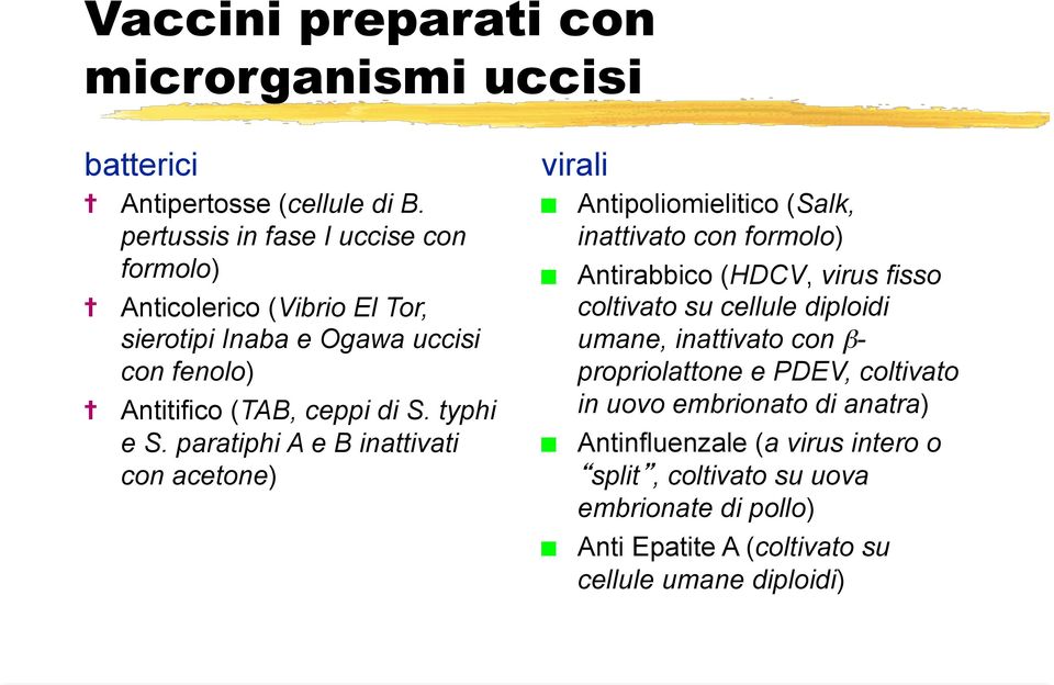 paratiphi A e B inattivati con acetone) virali Antipoliomielitico (Salk, inattivato con formolo) Antirabbico (HDCV, virus fisso coltivato su cellule