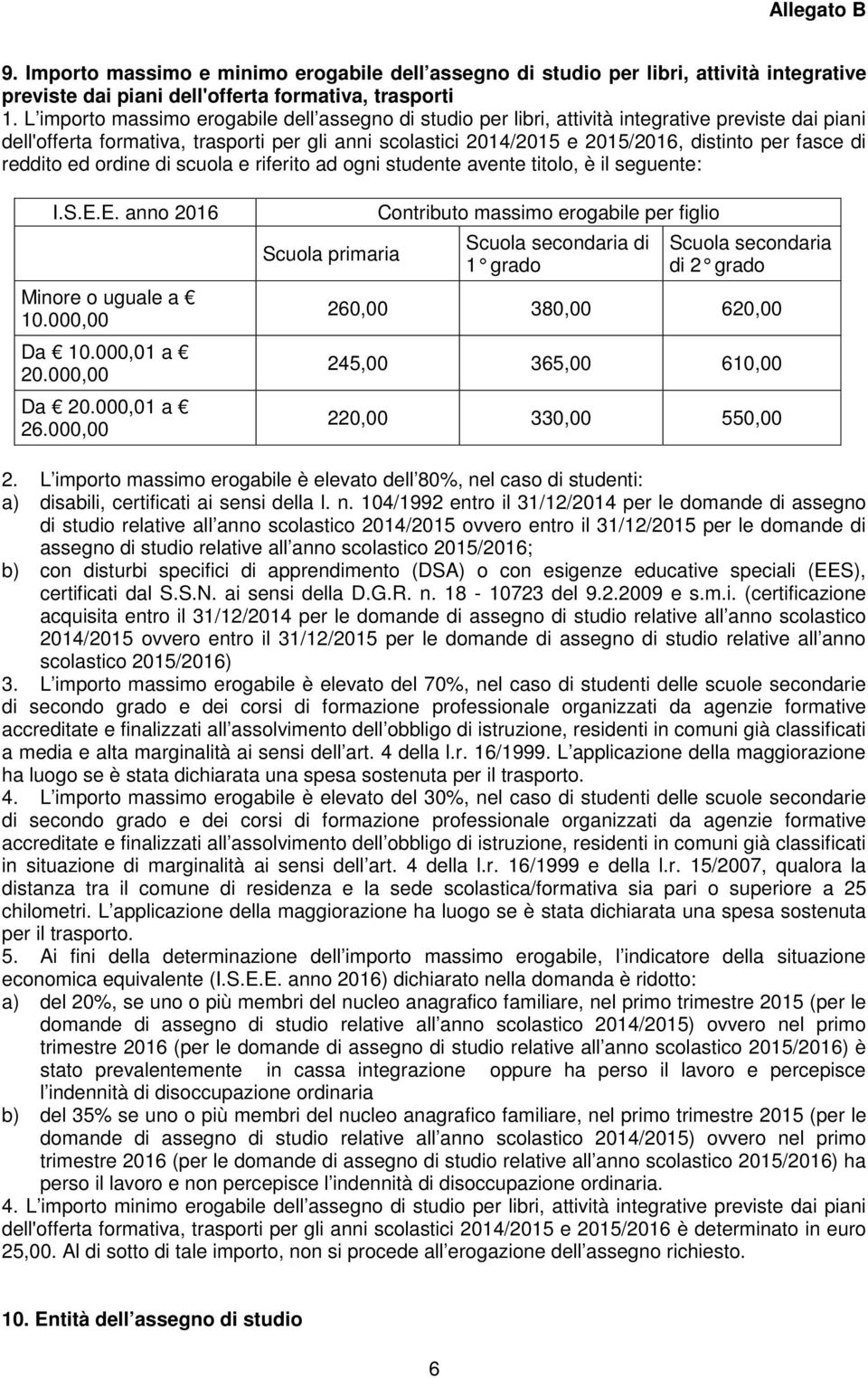 fasce di reddito ed ordine di scuola e riferito ad ogni studente avente titolo, è il seguente: I.S.E.E. anno 2016 Minore o uguale a 10.000,00 Da 10.000,01 a 20.000,00 Da 20.000,01 a 26.