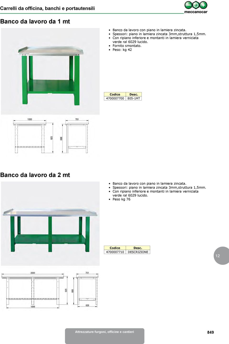 Con ripiano inferiore e montanti in lamiera verniciata verde ral 6029 lucido. Fornito smontato.