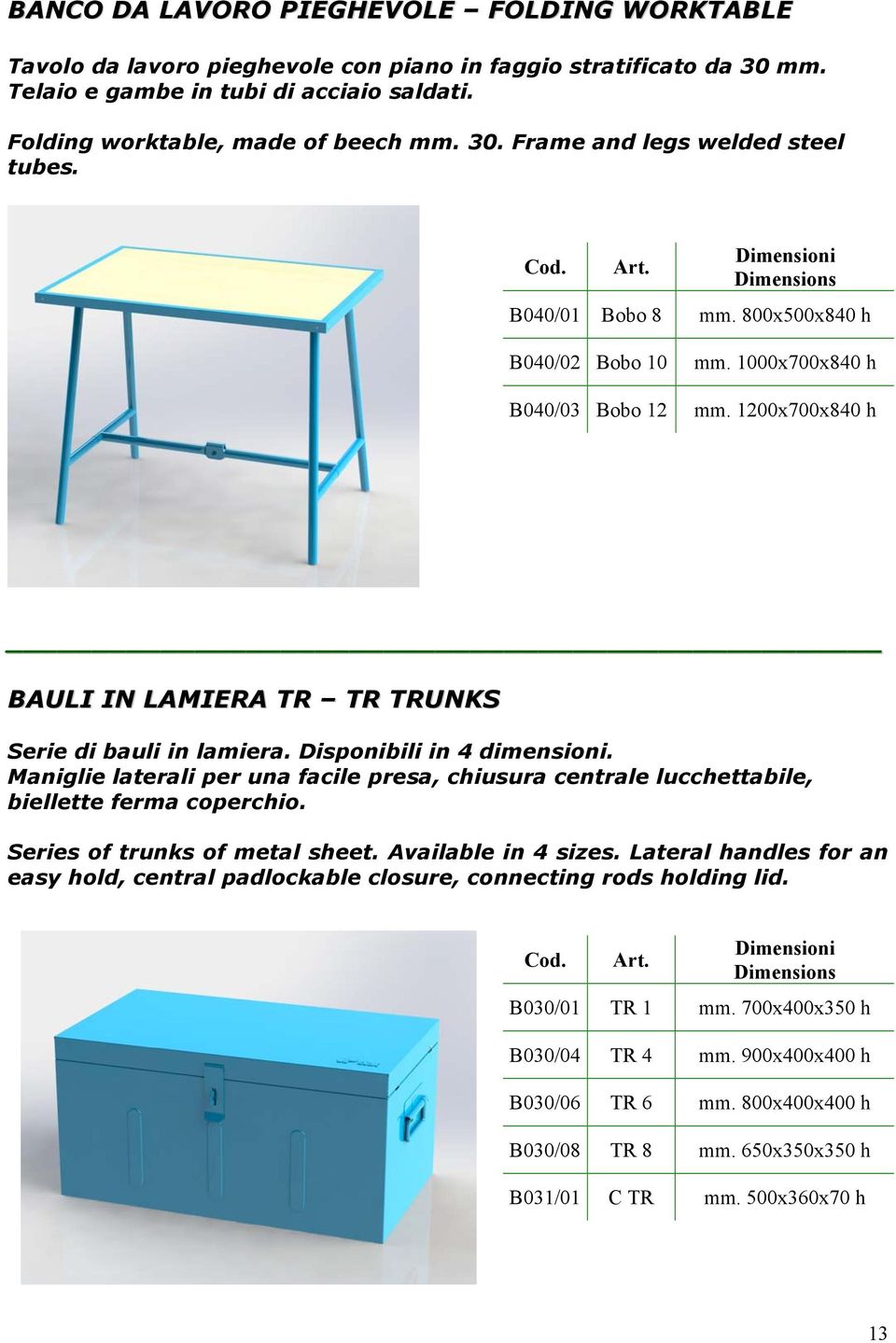 Maniglie laterali per una facile presa, chiusura centrale lucchettabile, biellette ferma coperchio. Series of trunks of metal sheet. Available in 4 sizes.