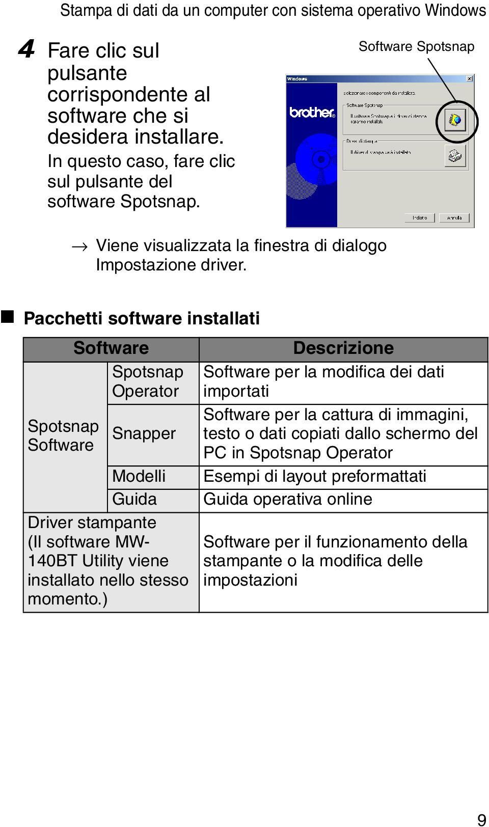 " Pacchetti software installati Software Descrizione Spotsnap Software per la modifica dei dati Operator importati Software per la cattura di immagini, Spotsnap Snapper testo o dati copiati