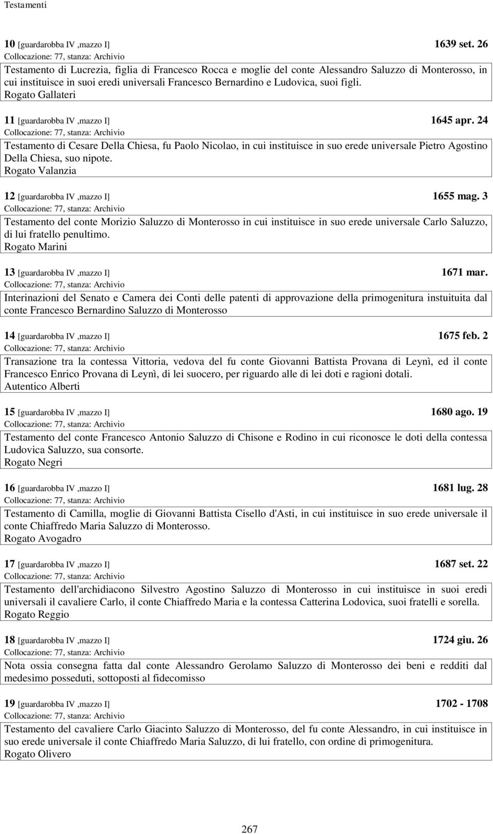 Rogato Gallateri 11 [guardarobba IV,mazzo I] 1645 apr. 24 Testamento di Cesare Della Chiesa, fu Paolo Nicolao, in cui instituisce in suo erede universale Pietro Agostino Della Chiesa, suo nipote.