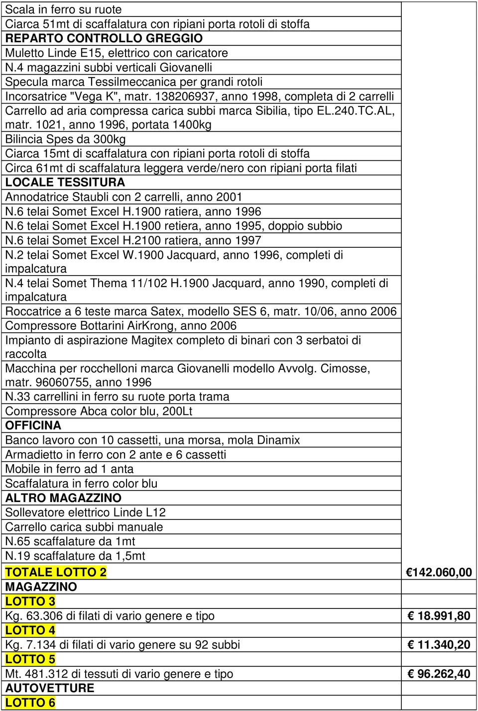 138206937, anno 1998, completa di 2 carrelli Carrello ad aria compressa carica subbi marca Sibilia, tipo EL.240.TC.AL, matr.