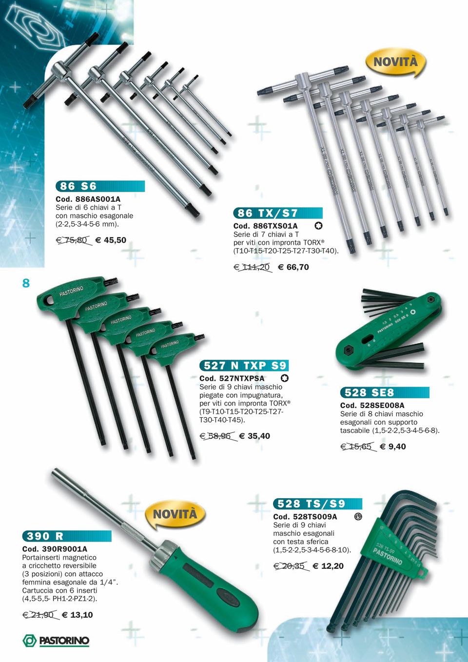 527NTXPSA Serie di 9 chiavi maschio piegate con impugnatura, per viti con impronta TORX (T9-T10-T15-T20-T25-T27- T30-T40-T45). 58,96 35,40 528 SE8 Cod.