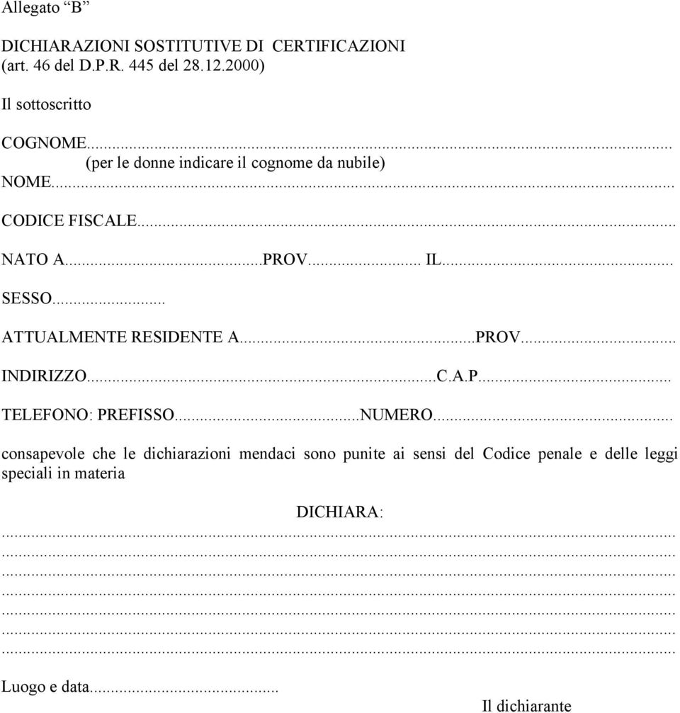 .. IL... SESSO... ATTUALMENTE RESIDENTE A...PROV... INDIRIZZO...C.A.P... TELEFONO: PREFISSO...NUMERO.