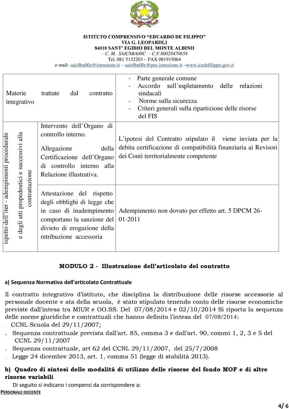 Attestazione del rispetto degli obblighi di legge che in caso di inadempimento comportano la sanzione del divieto di erogazione della retribuzione accessoria - Parte generale comune - Accordo sull