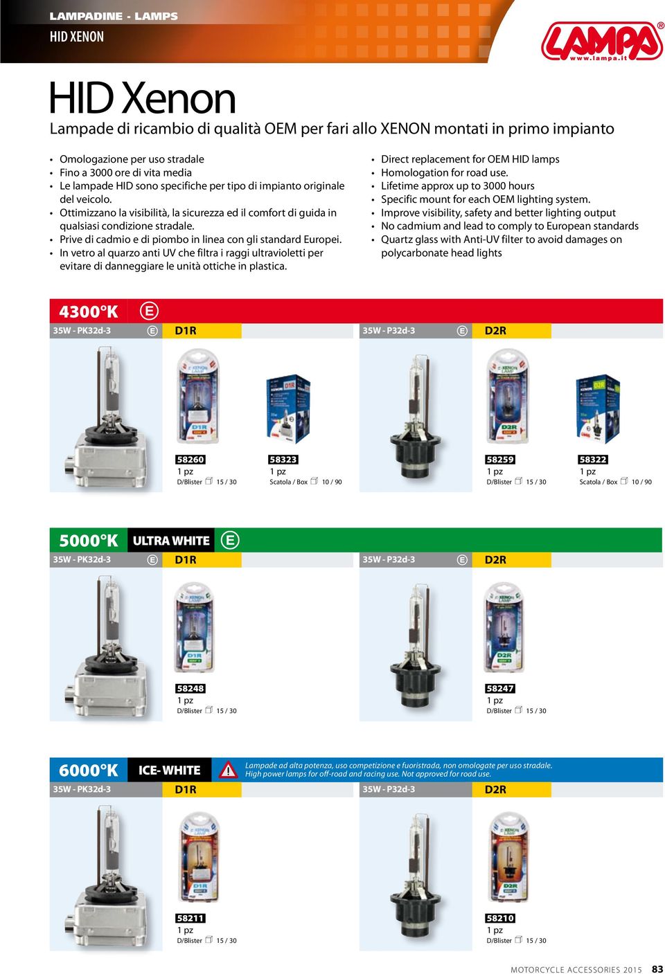 In vetro al quarzo anti UV che filtra i raggi ultravioletti per evitare di danneggiare le unità ottiche in plastica. Direct replacement for OEM HID lamps Homologation for road use.