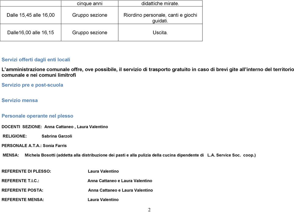 Servizio pre e post-scuola Servizio mensa Personale operante nel plesso DOCENTI SEZIONE: An