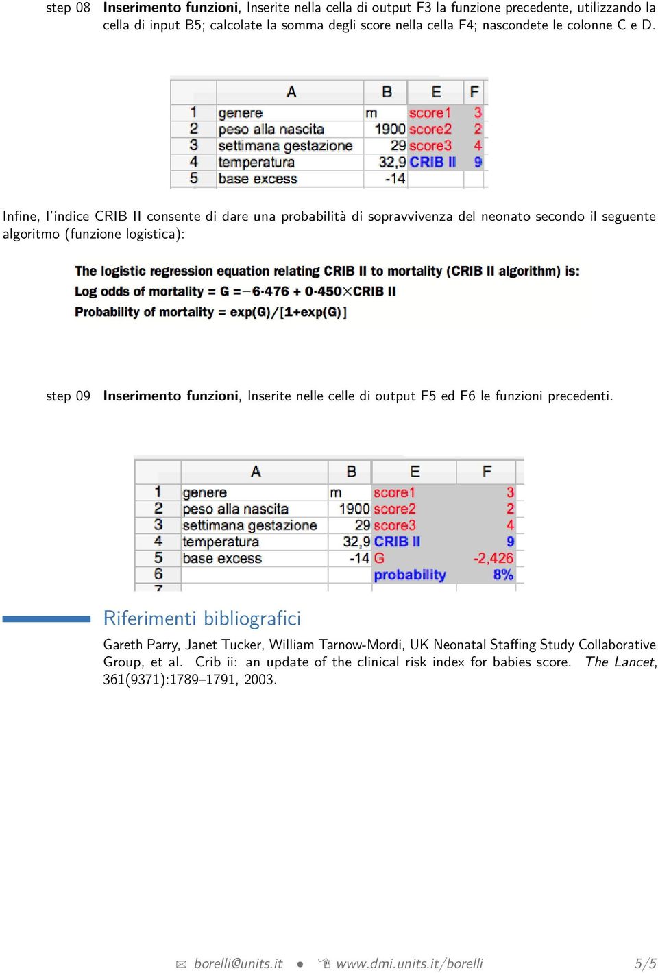 Infine, l indice CRIB II consente di dare una probabilità di sopravvivenza del neonato secondo il seguente algoritmo (funzione logistica): step 09 Inserimento funzioni, Inserite