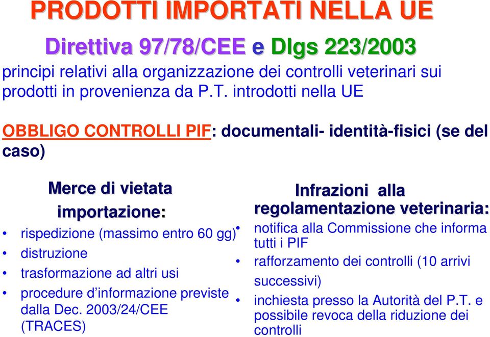 TI NELLA UE Direttiva 97/78/CEE e Dlgs 223/2003 principi relativi alla organizzazione dei controlli veterinari sui prodotti in provenienza da P.T. introdotti nella