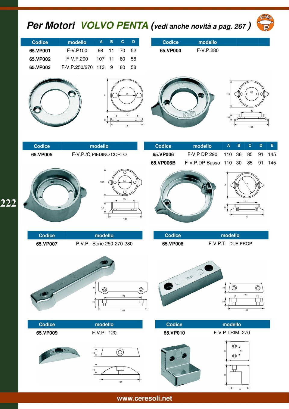 VP005 F-V.P./C PIEDINO CORTO 65.VP006 F-V.P DP 290 110 36 85 91 145 65.VP006B F-V.P.DP Basso 110 30 85 91 145 222 65.