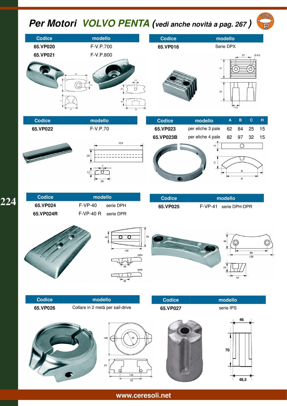 VP023 per eliche 3 pale 62 84 25 15 65.VP023B per eliche 4 pale 82 97 32 15 224 65.