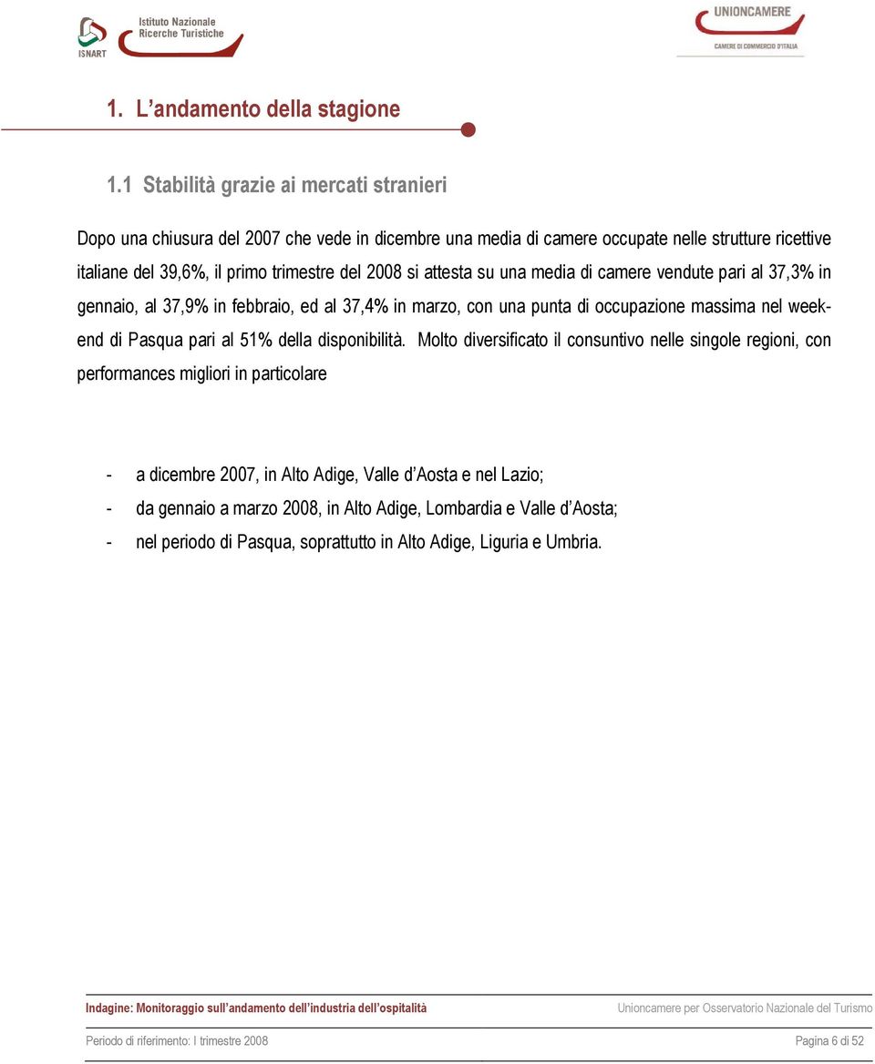 attesta su una media di camere vendute pari al 37,3% in gennaio, al 37,9% in febbraio, ed al 37,4% in marzo, con una punta di occupazione massima nel weekend di Pasqua pari al 51% della