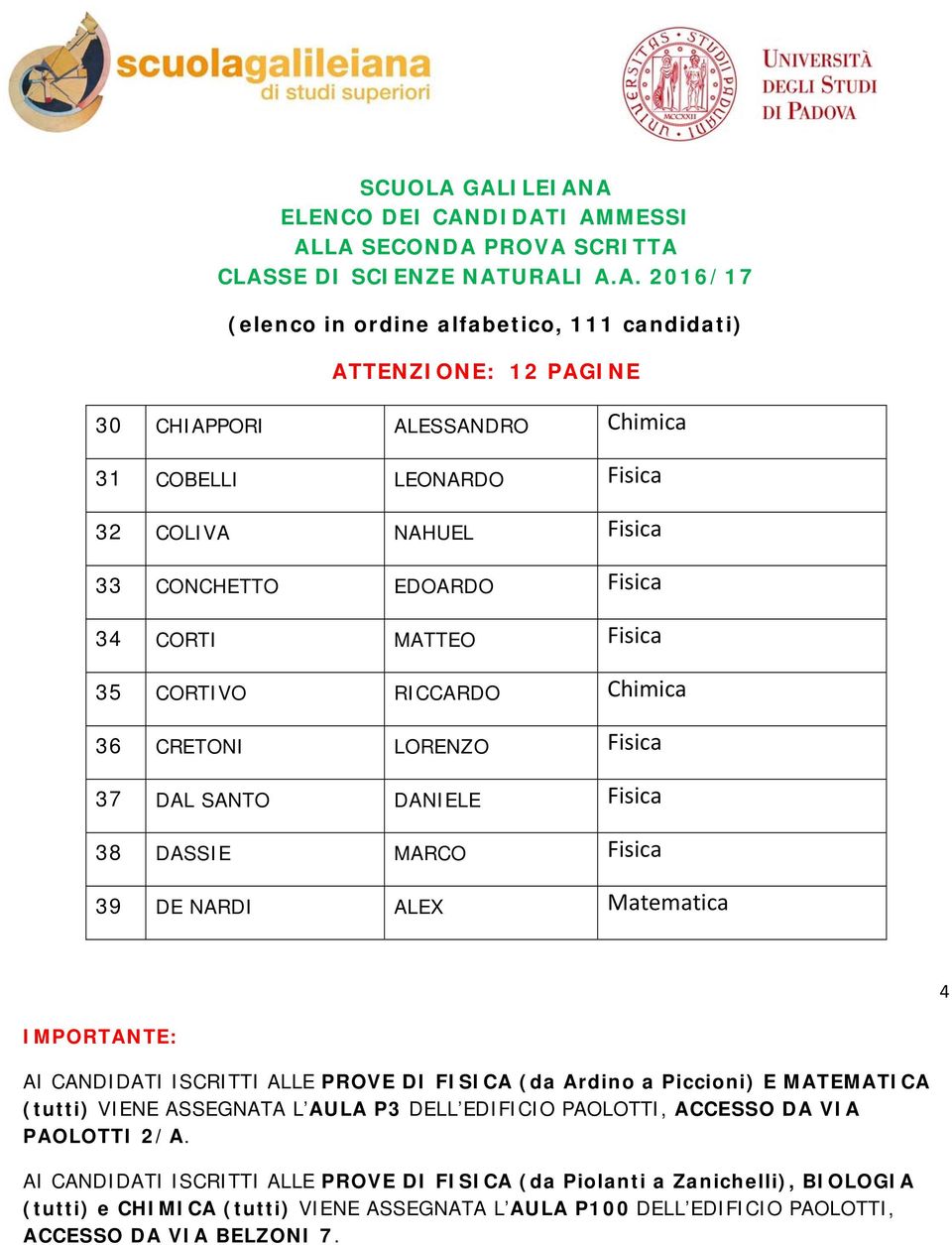 Fisica 35 CORTIVO RICCARDO Chimica 36 CRETONI LORENZO Fisica 37