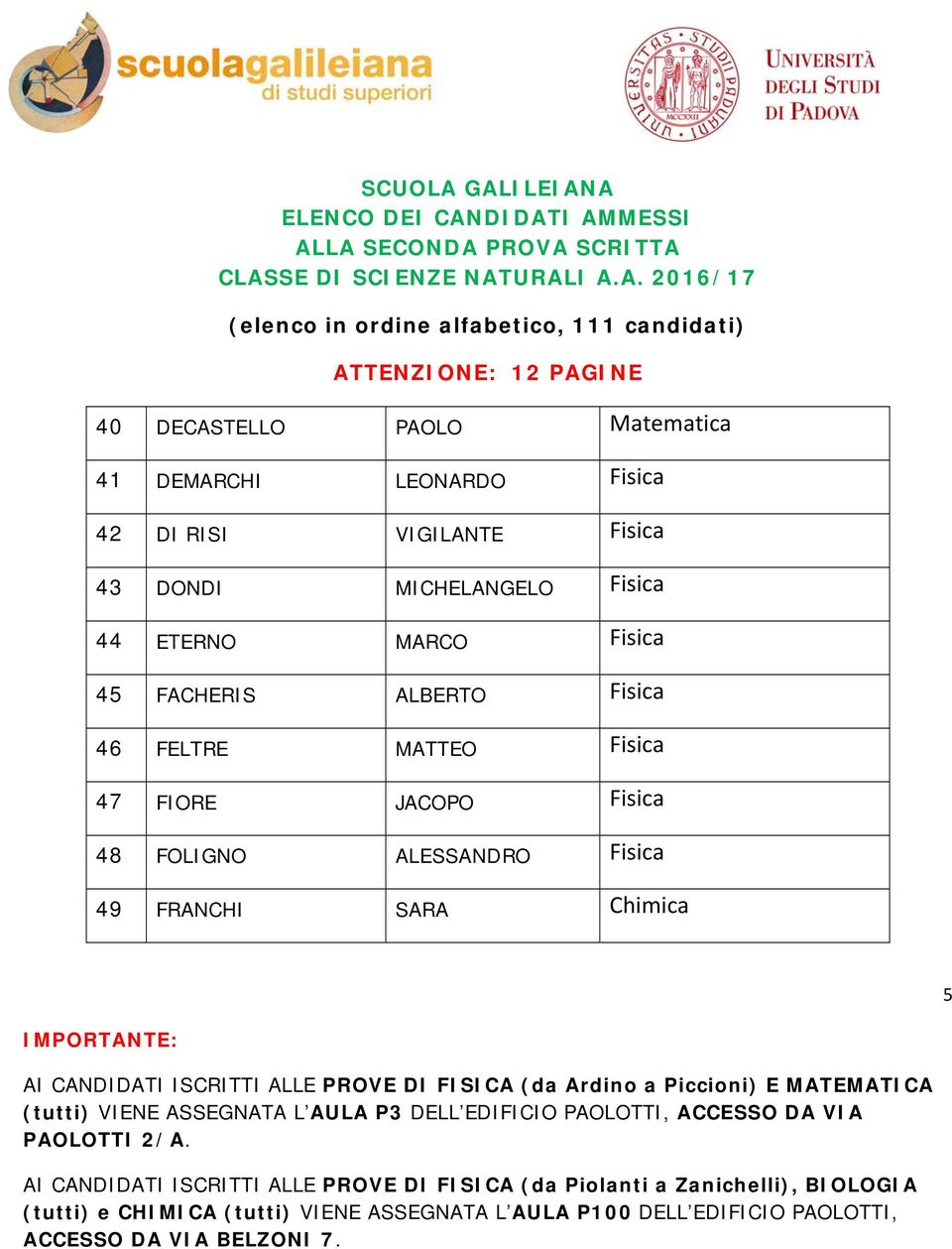 Fisica 45 FACHERIS ALBERTO Fisica 46 FELTRE MATTEO Fisica 47 FIORE