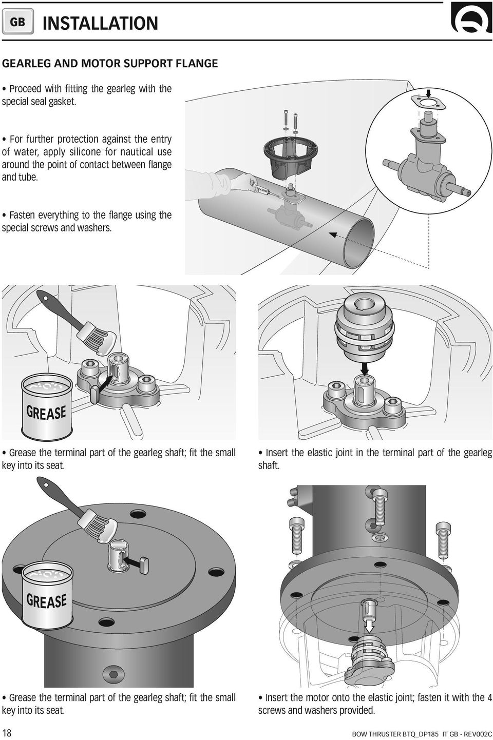 Fasten everything to the flange using the special screws and washers. Grease the terminal part of the gearleg shaft; fit the small key into its seat.