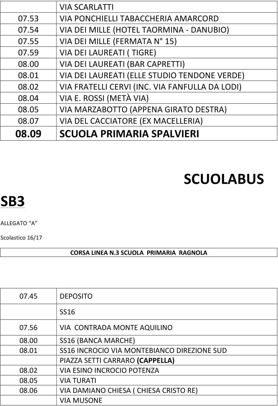 05 VIA MARZABOTTO (APPENA GIRATO DESTRA) 08.07 VIA DEL CACCIATORE (EX MACELLERIA) 08.09 SCUOLA PRIMARIA SPALVIERI SB3 SCUOLABUS ALLEGATO A CORSA LINEA N.3 SCUOLA PRIMARIA RAGNOLA 07.