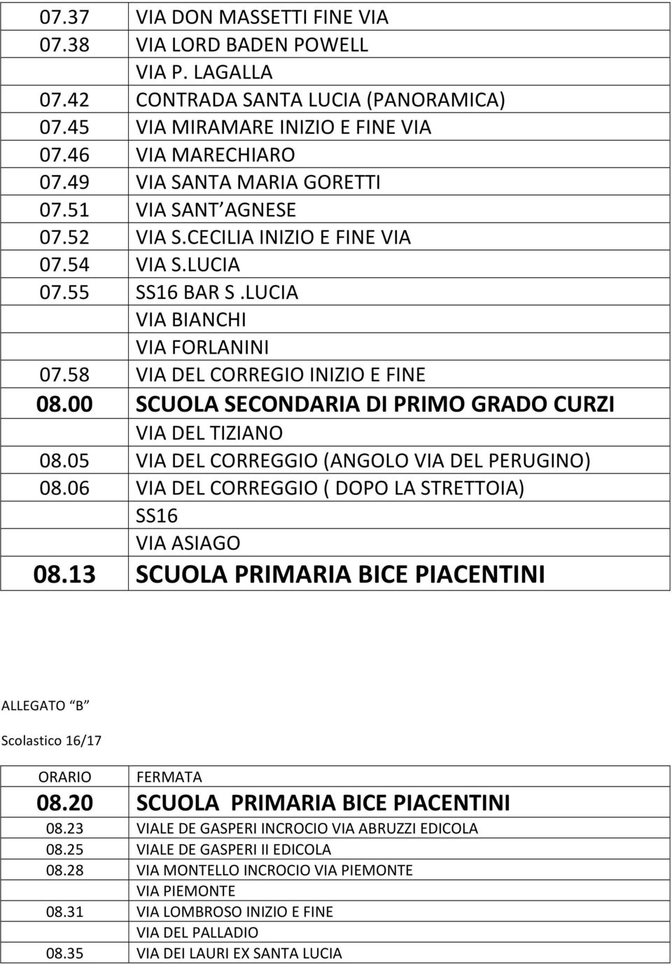 00 SCUOLA SECONDARIA DI PRIMO GRADO CURZI VIA DEL TIZIANO 08.05 VIA DEL CORREGGIO (ANGOLO VIA DEL PERUGINO) 08.06 VIA DEL CORREGGIO ( DOPO LA STRETTOIA) VIA ASIAGO 08.