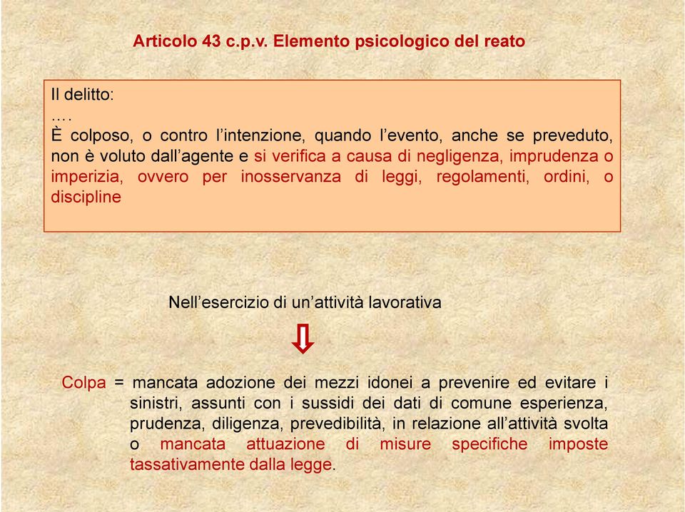 imperizia, ovvero per inosservanza di leggi, regolamenti, ordini, o discipline Nell esercizio di un attività lavorativa Colpa = mancata adozione dei