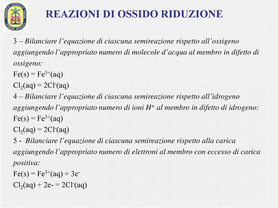 appropriato numero di ioni H + al membro in difetto di idrogeno: Fe(s) = Fe 3+ (aq) Cl 2 (aq) = 2Cl - (aq) 5 - Bilanciare l equazione di ciascuna semireazione