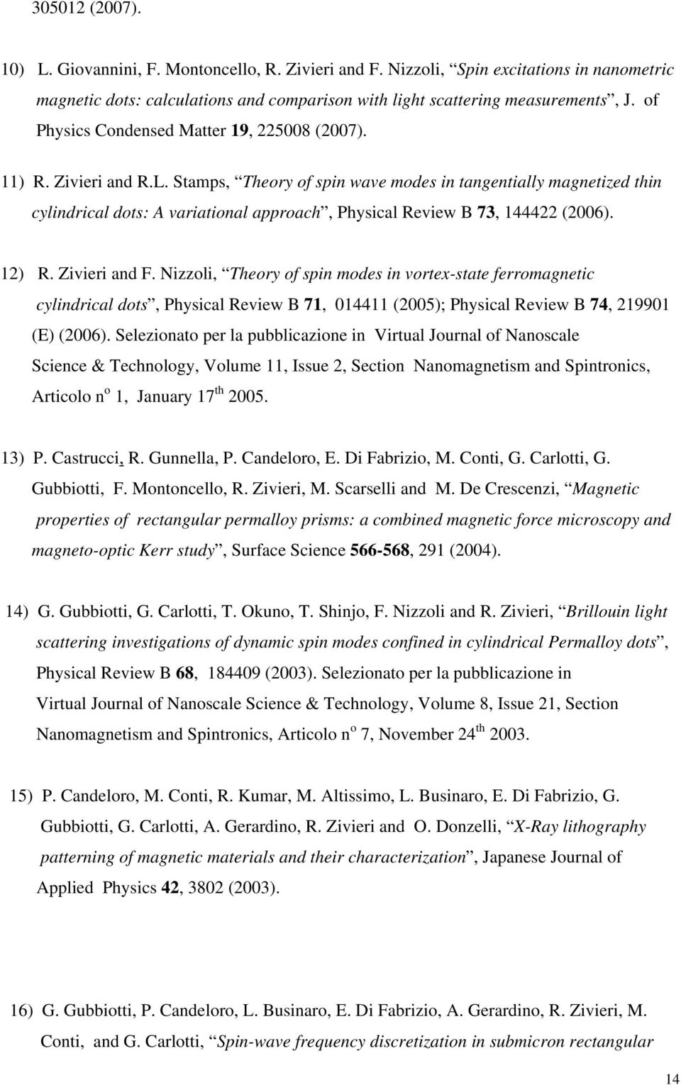 Stamps, Theory of spin wave modes in tangentially magnetized thin cylindrical dots: A variational approach, Physical Review B 73, 144422 (2006). 12) R. Zivieri and F.