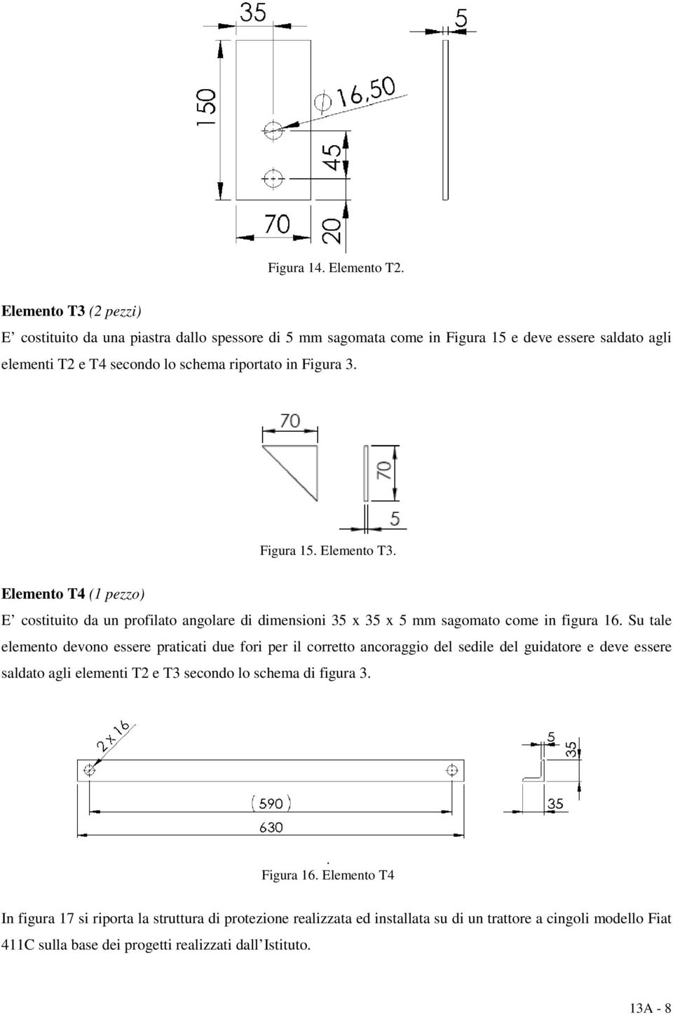 3. Figura 15. Elemento T3. Elemento T4 (1 pezzo) E costituito da un profilato angolare di dimensioni 35 x 35 x 5 mm sagomato come in figura 16.