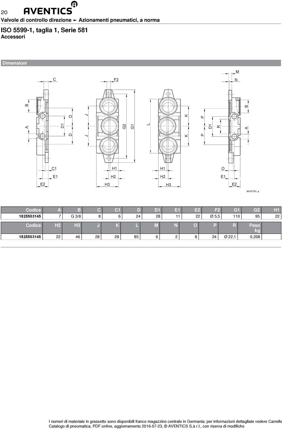 110 95 22 Codice H2 H3 J K L M N O P R Peso kg