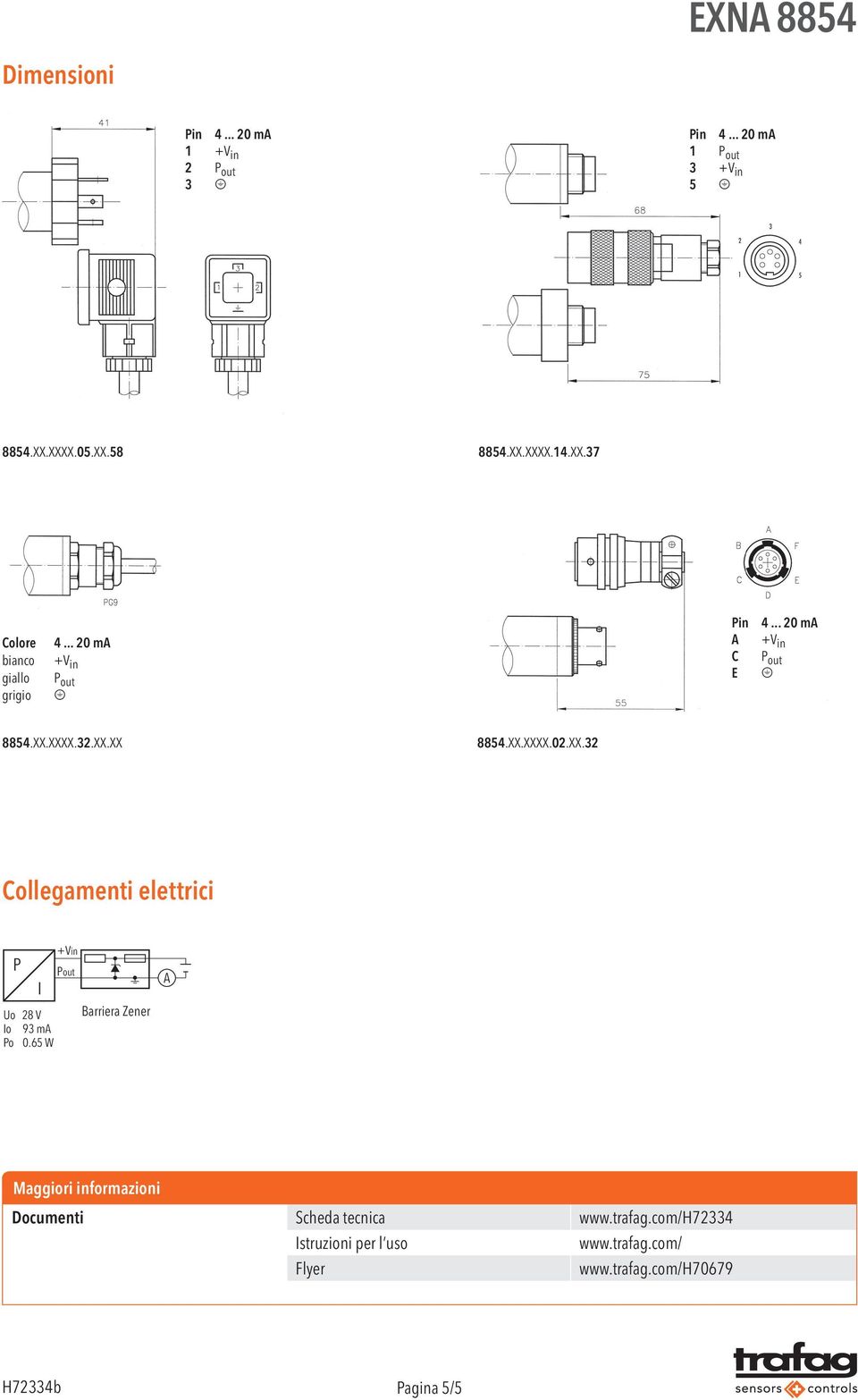 XXXX.32.XX.XX 8854.XX.XXXX.02.XX.32 Collegamenti elettrici +Vin P Pout I Uo 28 V Barriera Zener Io 93 ma Po 0.