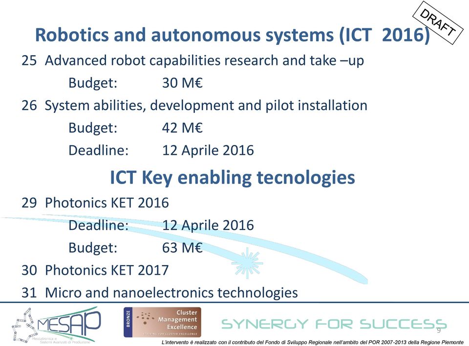 M Deadline: 12 Aprile 2016 ICT Key enabling tecnologies 29 Photonics KET 2016 Deadline: