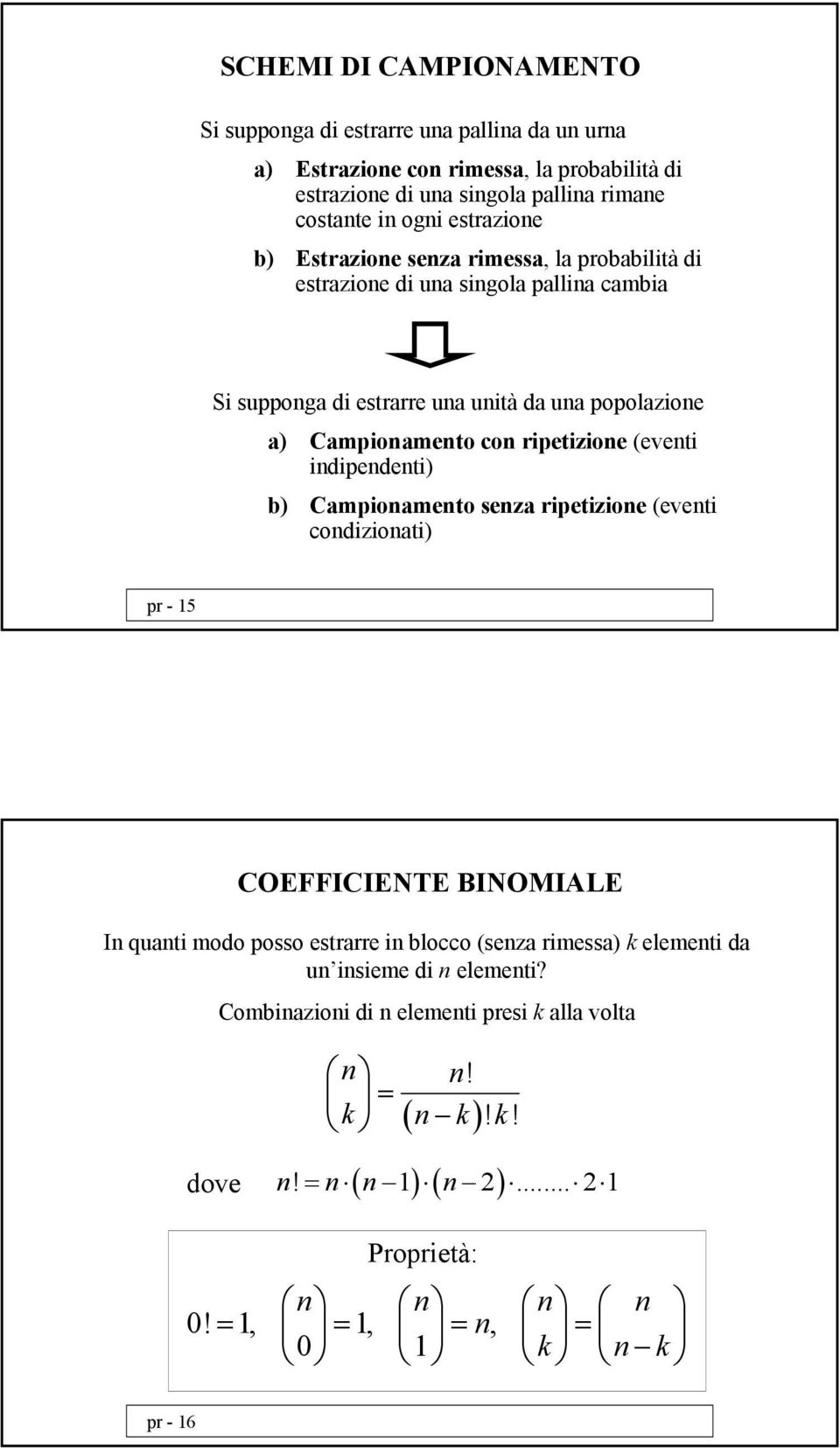 rpetzone (event ndpendent) b) Camponamento senza rpetzone (event condzonat) pr - 15 COEFFICIENTE BINOMIALE In quant modo posso estrarre n blocco (senza rmessa)