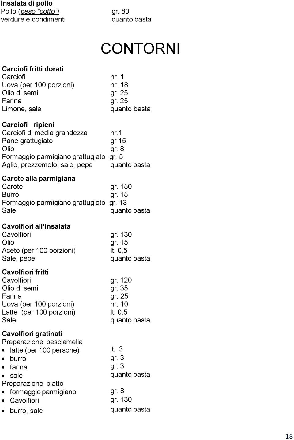 5 Aglio, prezzemolo, sale, pepe Carote alla parmigiana Carote gr. 150 Burro gr. 15 Formaggio parmigiano grattugiato gr. 13 Cavolfiori all insalata Cavolfiori gr. 130 Aceto (per 100 porzioni) lt.