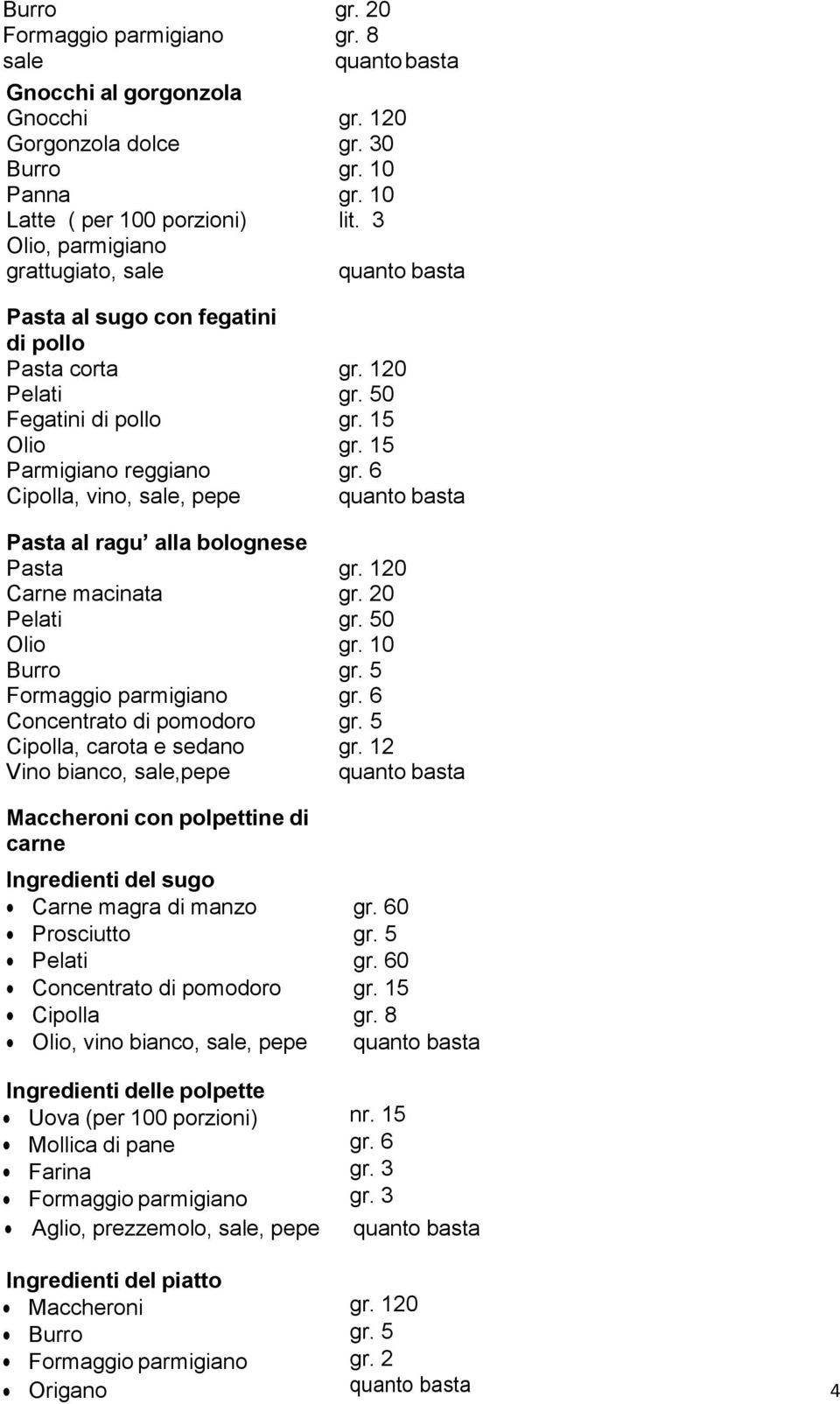 6 Cipolla, vino, sale, pepe Pasta al ragu alla bolognese Pasta gr. 120 Carne macinata gr. 20 Pelati gr. 50 Burro gr. 5 Formaggio parmigiano gr. 6 Concentrato di pomodoro gr.