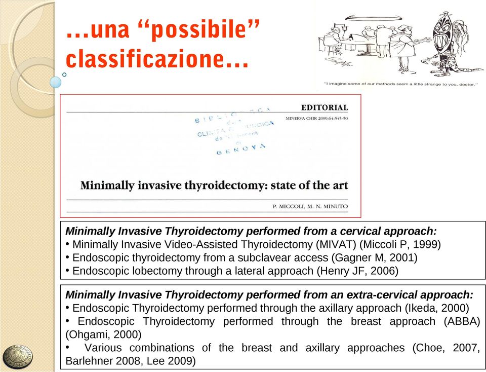 Invasive Thyroidectomy performed from an extra-cervical approach: Endoscopic Thyroidectomy performed through the axillary approach (Ikeda, 2000) Endoscopic