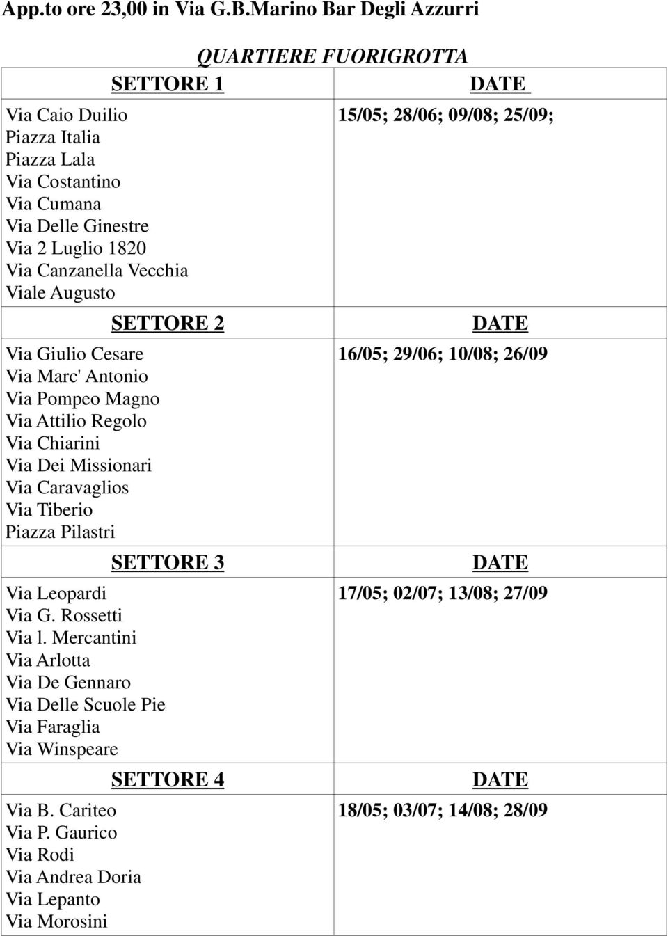 Luglio 1820 Via Canzanella Vecchia Viale Augusto Via Giulio Cesare Via Marc' Antonio Via Pompeo Magno Via Attilio Regolo Via Chiarini Via Dei Missionari Via Caravaglios Via