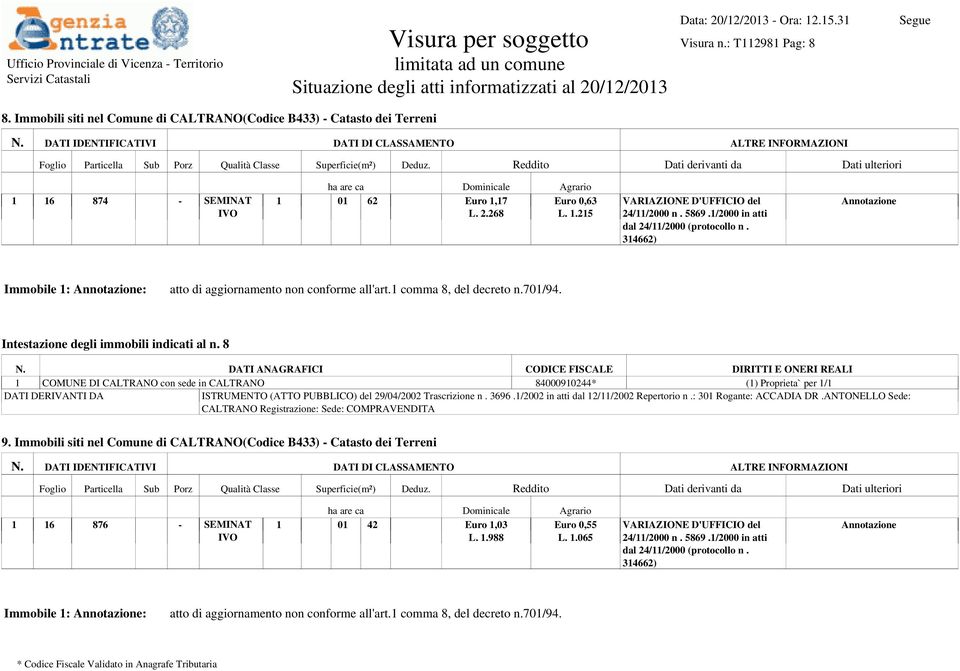 1/2000 in atti dal 24/11/2000 (protocollo n. 314662) Immobile 1: : atto di aggiornamento non conforme all'art.1 comma 8, del decreto n.701/94. Intestazione degli immobili indicati al n.