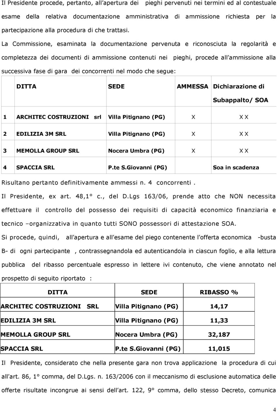 La Commissione, esaminata la documentazione pervenuta e riconosciuta la regolarità e completezza dei documenti di ammissione contenuti nei pieghi, procede all ammissione alla successiva fase di gara