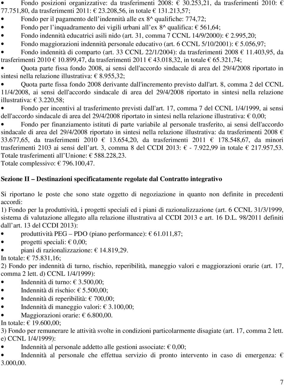 31, comma 7 CCNL 14/9/2000): 2.995,20; Fondo maggiorazioni indennità personale educativo (art. 6 CCNL 5/10/2001): 5.056,97; Fondo indennità di comparto (art.