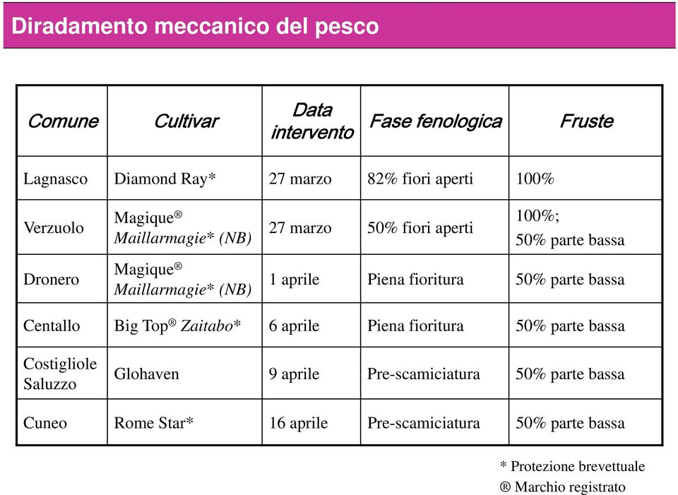 50% parte bassa Centallo Big Top Zaitabo* 6 aprile Piena fioritura 50% parte bassa Costigliole Saluzzo Glohaven 9 aprile