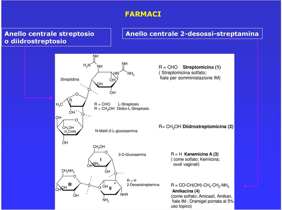 somministazione IM) R= H Diidrostreptomicina (2) H H H III H H H I H NHR 4 6 H II 3-D-Glucosamina R = H 2-Deossistreptamina R = H Kanamicina A