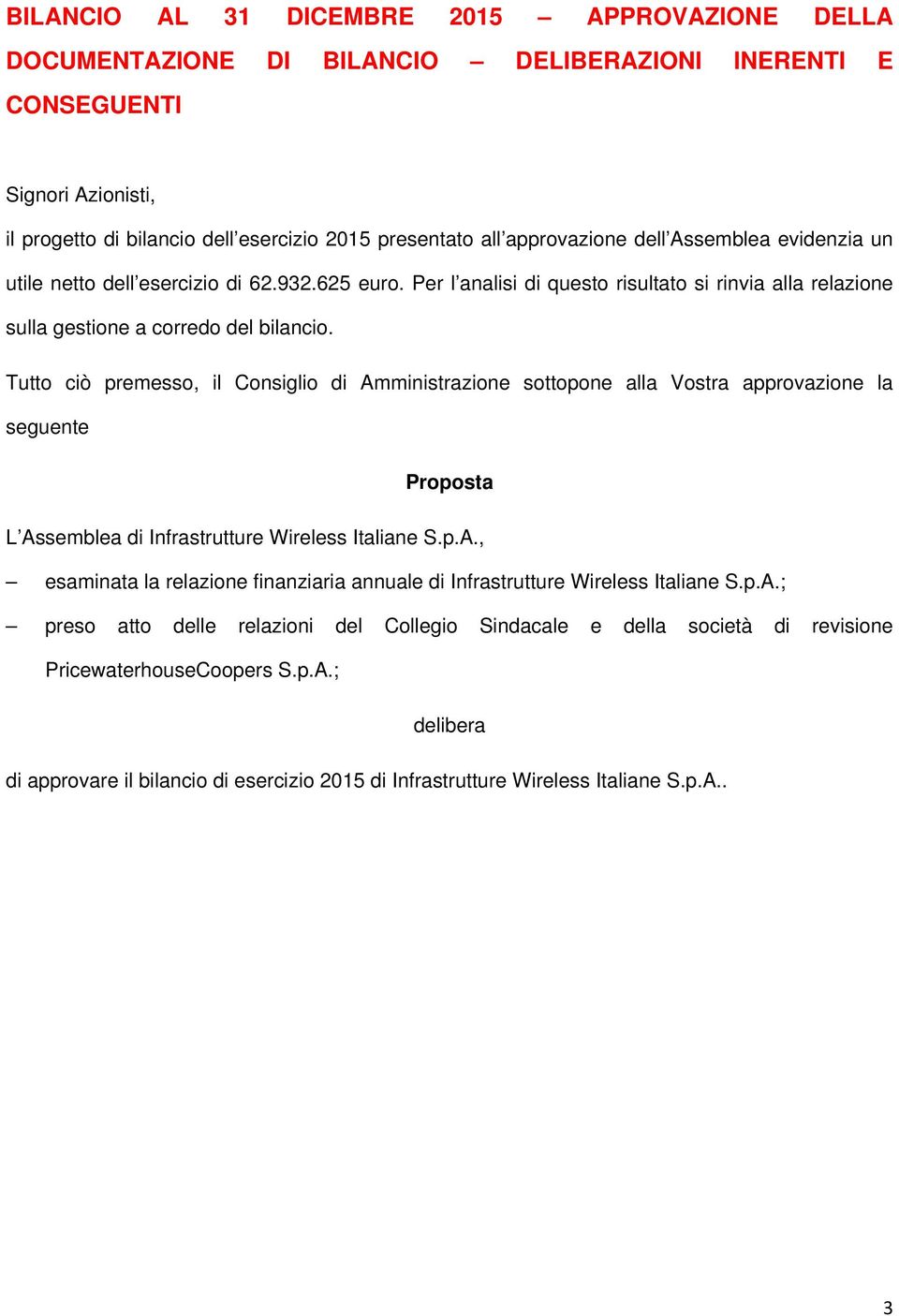 Tutto ciò premesso, il Consiglio di Amministrazione sottopone alla Vostra approvazione la seguente Proposta L Assemblea di Infrastrutture Wireless Italiane S.p.A., esaminata la relazione finanziaria annuale di Infrastrutture Wireless Italiane S.
