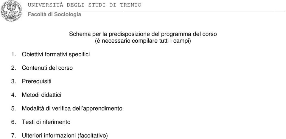 Modalità di verifica dell apprendimento 6. Testi di riferimento 7.