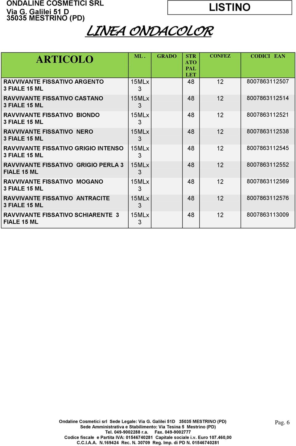 GRADO STR ATO PAL LET CODICI EAN 48 12 800786112507 48 12 800786112514 48 12 800786112521 48 12 80078611258 48 12 800786112545 48 12 800786112552 48 12