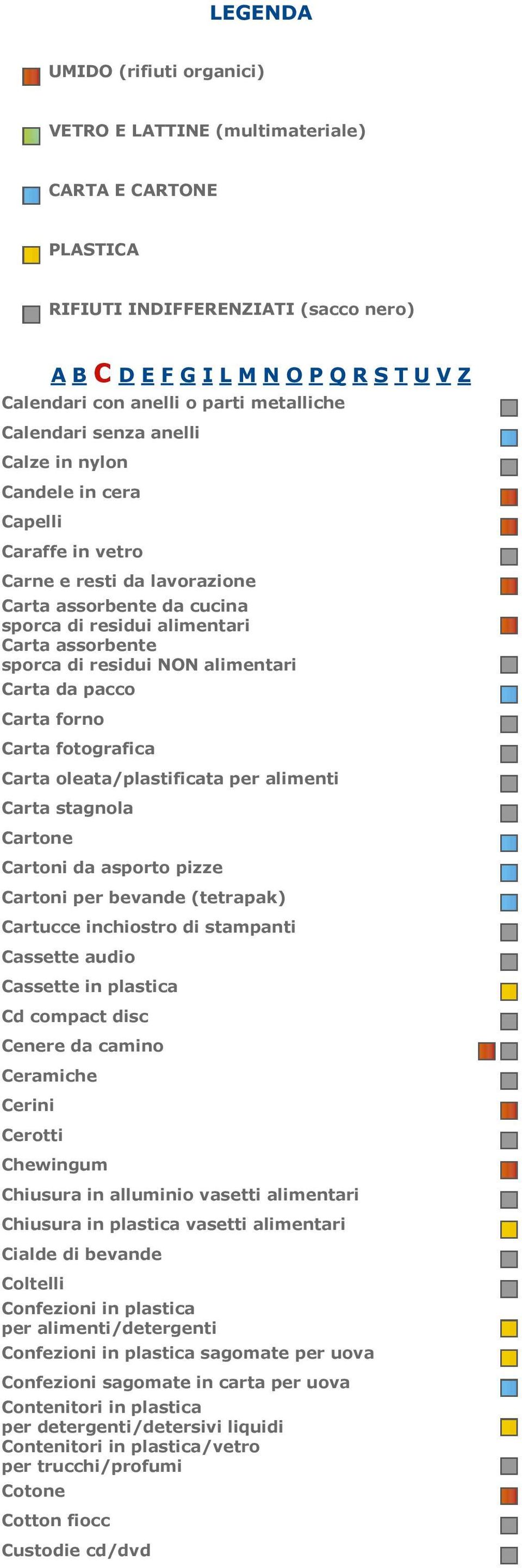 Cartoni per bevande (tetrapak) Cartucce inchiostro di stampanti Cassette audio Cassette in plastica Cd compact disc Cenere da camino Ceramiche Cerini Cerotti Chewingum Chiusura in alluminio vasetti