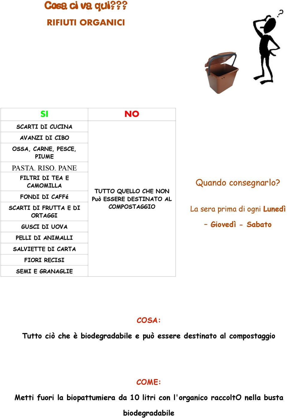 QUELLO CHE N Può ESSERE DESTINATO AL COMPOSTAGGIO La sera prima di ogni Lunedì Giovedì - Sabato Tutto ciò che è biodegradabile