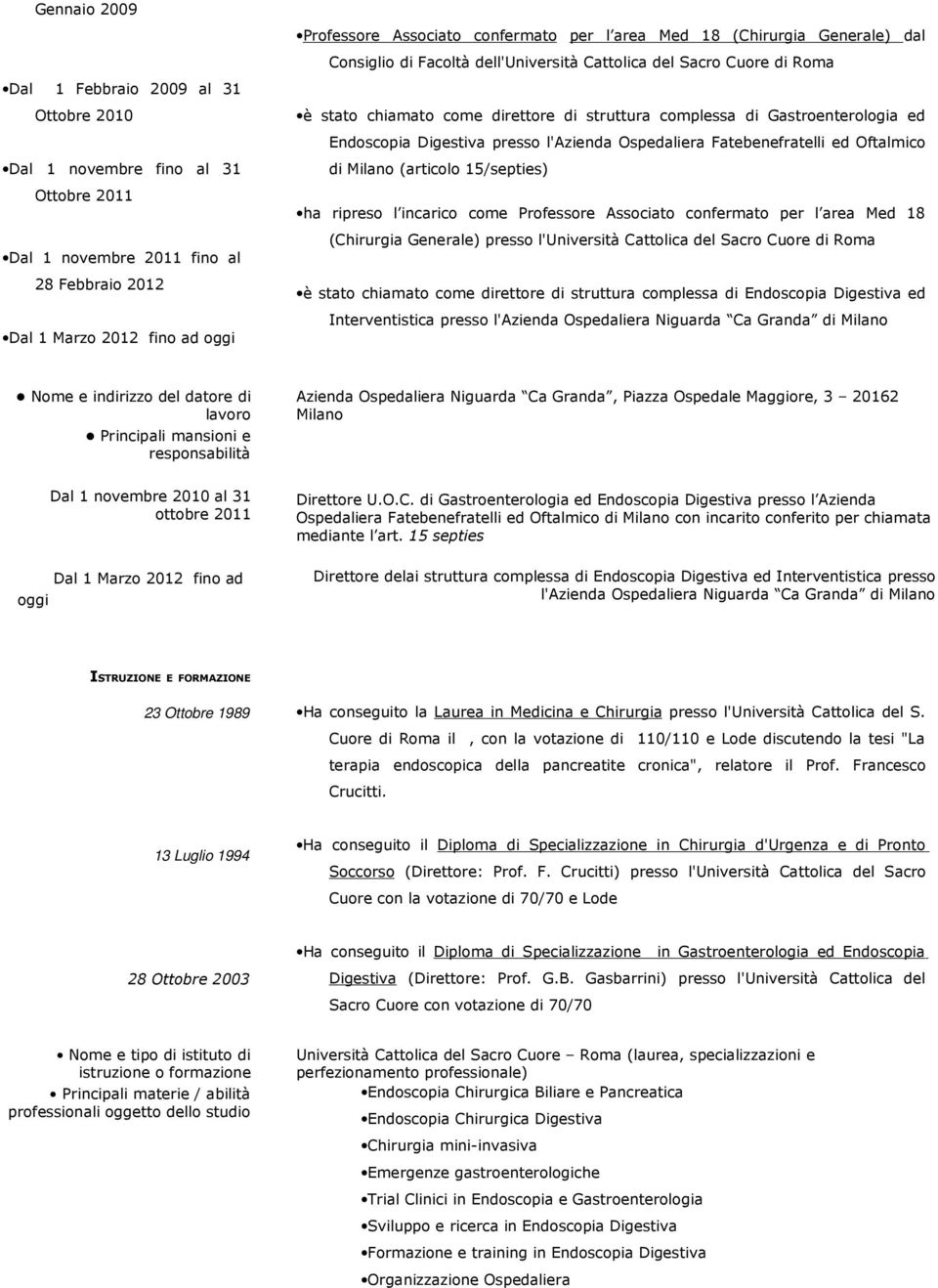 Fatebenefratelli ed Oftalmico di Milano (articolo 15/septies) ha ripreso l incarico come Professore Associato confermato per l area Med 18 (Chirurgia Generale) presso l'università Cattolica del Sacro