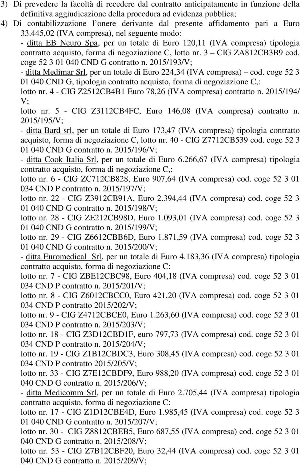 445,02 (IVA compresa), nel seguente modo: - ditta EB Neuro Spa, per un totale di Euro 120,11 (IVA compresa) tipologia contratto acquisto, forma di negoziazione C, lotto nr. 3 CIG ZA812CB3B9 cod.